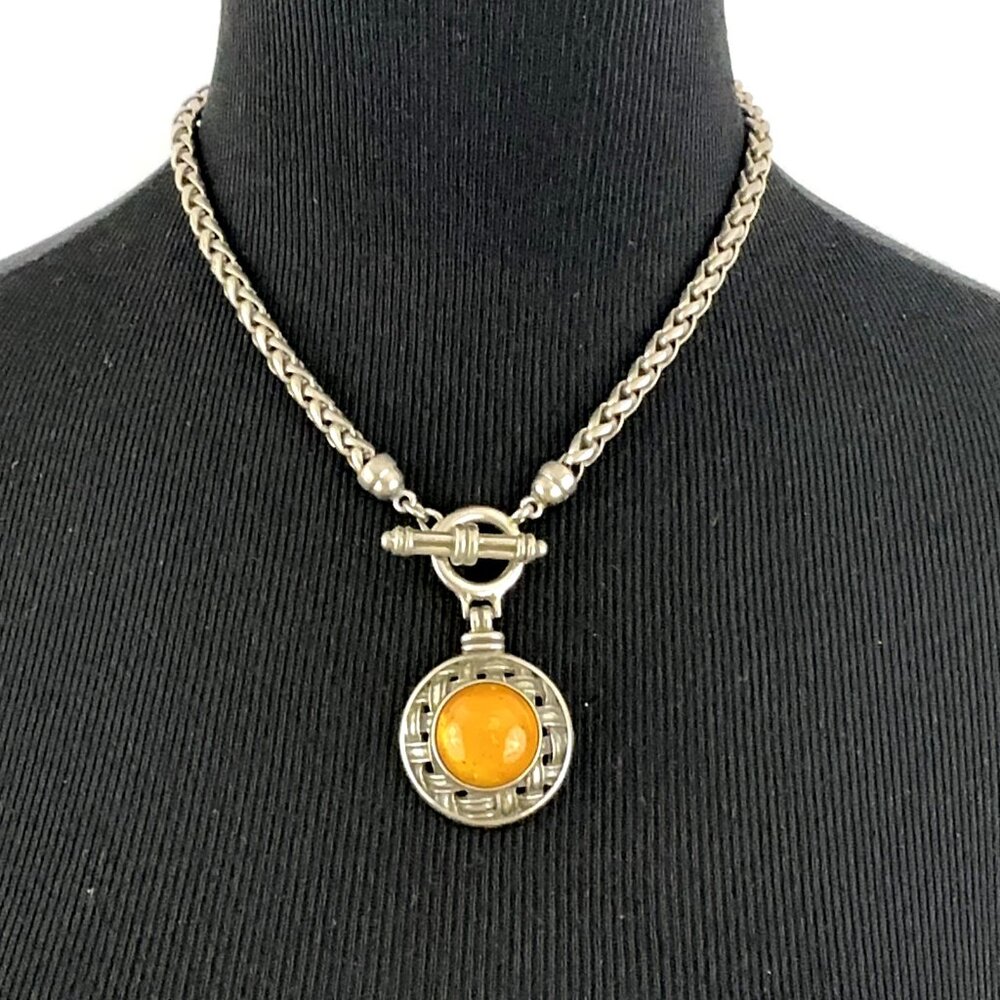 BEN-AMUN toggle necklace - vintage faux amber pendant silver-tone chunky chain